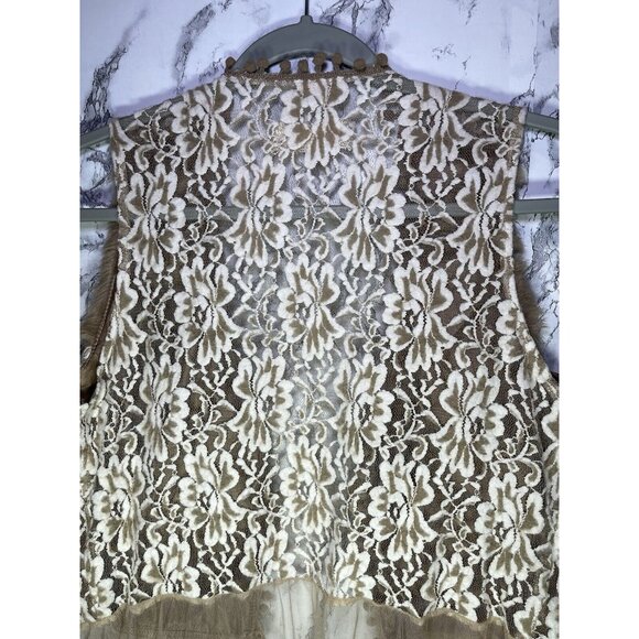 Anthropologie Faux Fur Vest SZ Large Brown Lace Boho Festival Hook Eye V Neck - Picture 7 of 12